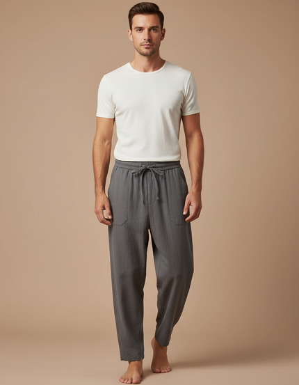 Pantalon Fluide Gris Ample Cordon Coton Homme - Lin