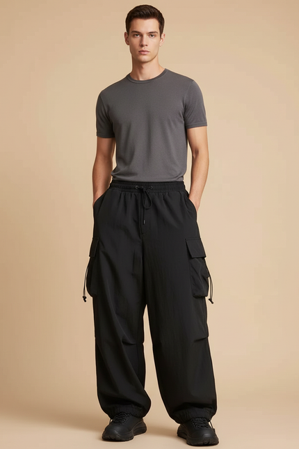 Pantalon Fluide Noir Ample Cargo Décontracté Homme - Polyester