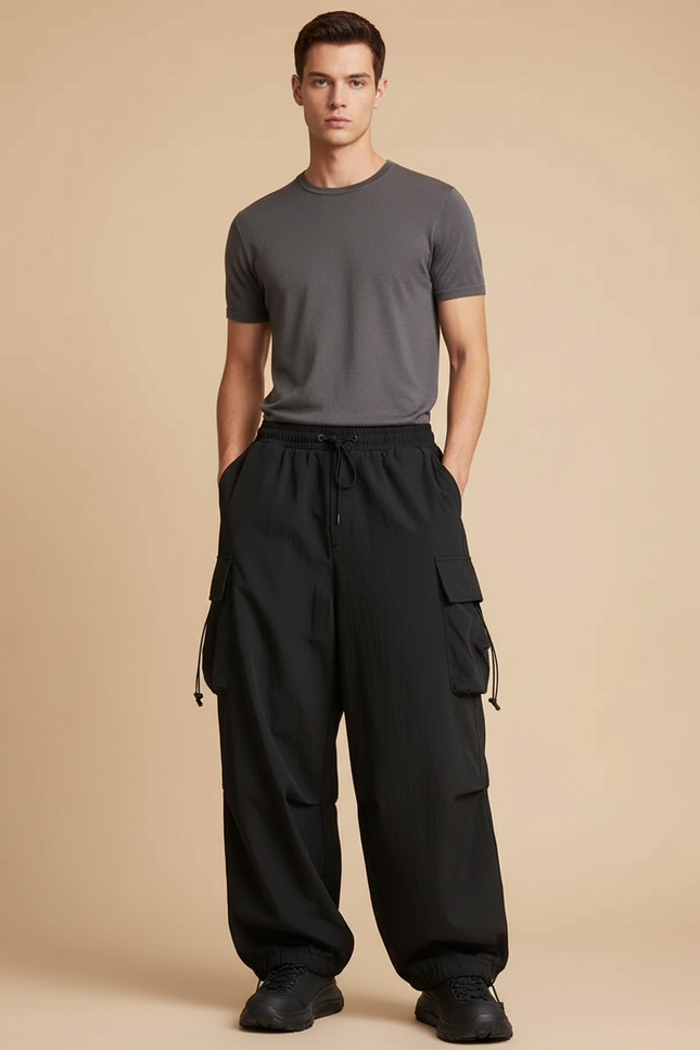Pantalon Fluide Noir Ample Cargo Décontracté Homme - Polyester