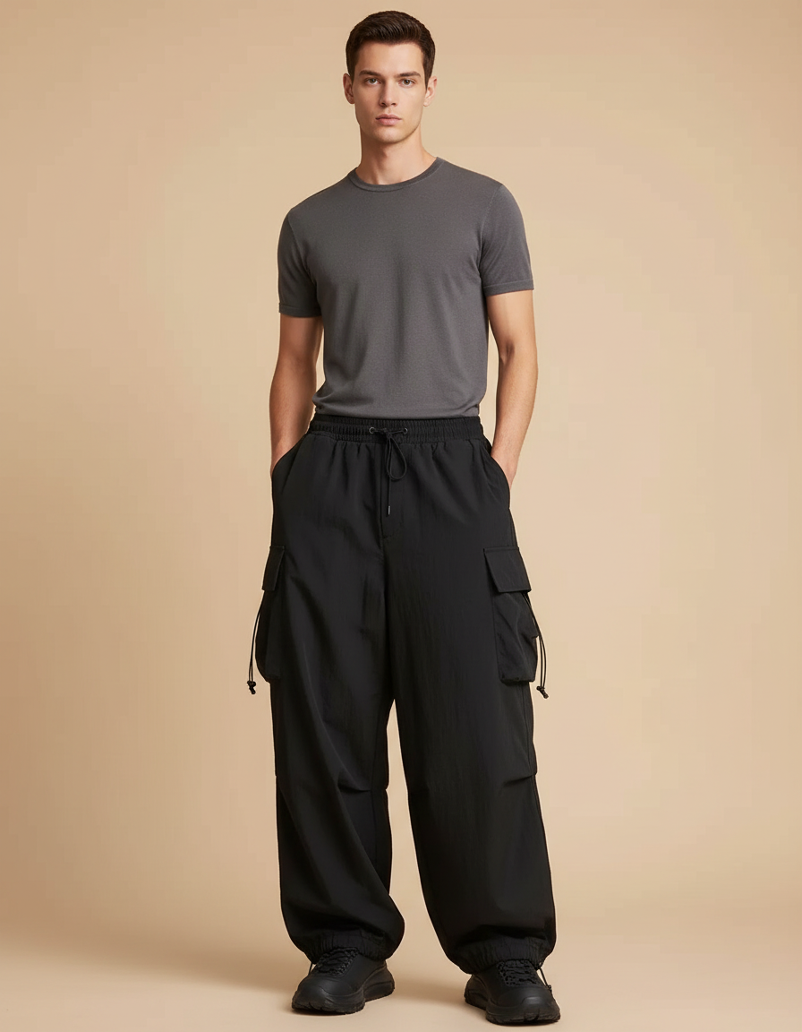 Pantalon Fluide Noir Ample Cargo Décontracté Homme - Polyester