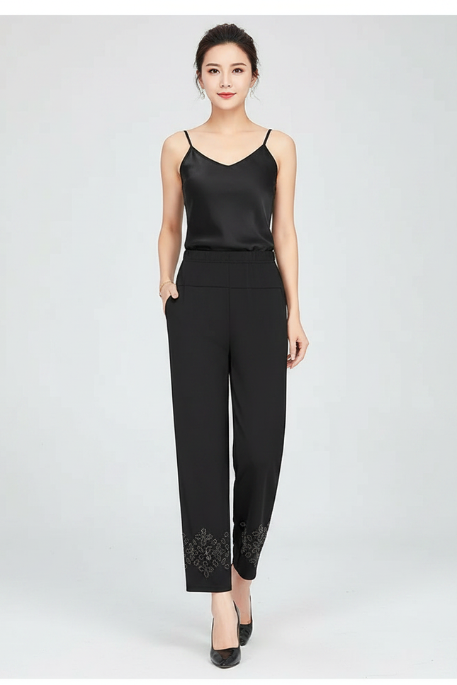 Pantalon Fluide Noir Brodé Cheville Décontracté Chic - Viscose