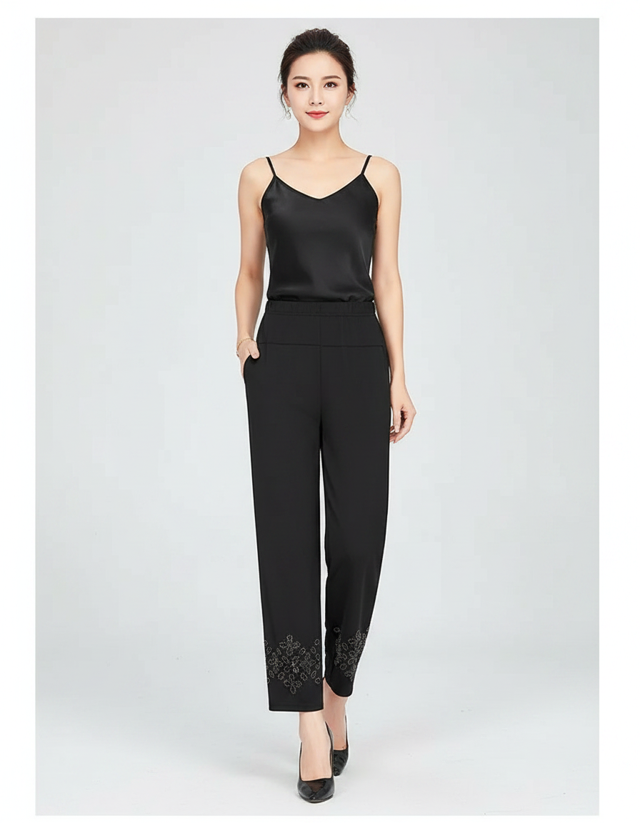 Pantalon Fluide Noir Brodé Cheville Décontracté Chic - Viscose