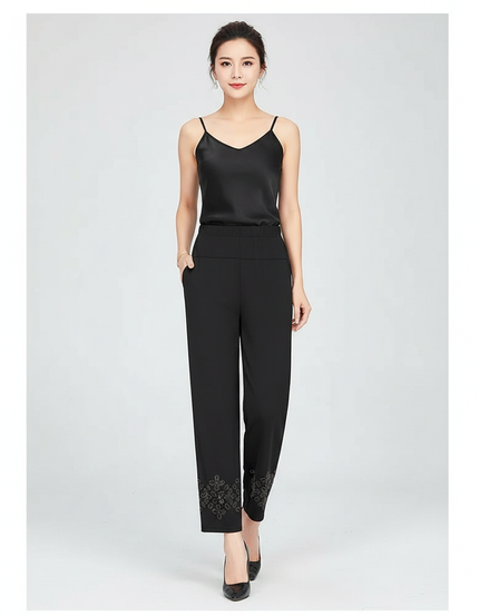 Pantalon Fluide Noir Brodé Cheville Décontracté Chic - Viscose
