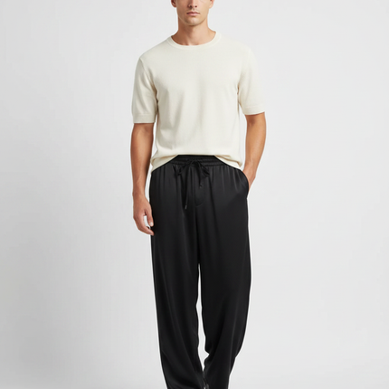 Pantalon Fluide Noir Ample Satin Cordon Homme