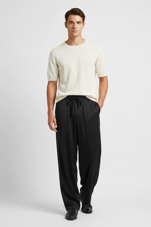 Pantalon Fluide Noir Ample Satin Cordon Homme
