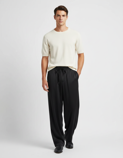 Pantalon Fluide Noir Ample Satin Cordon Homme
