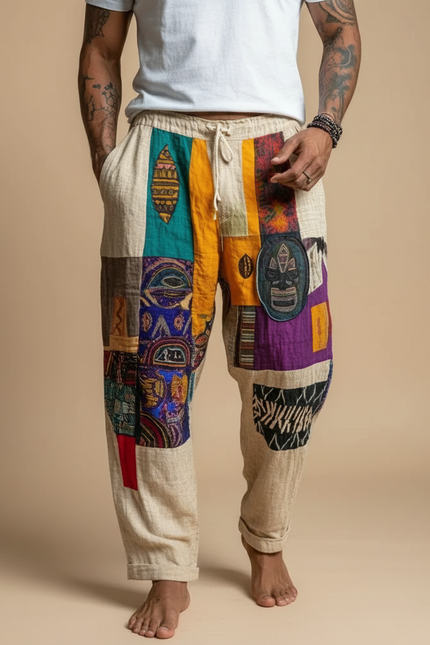 Pantalon Fluide Patchwork Ethnique Coloré Ample Coton Homme - Multicolore