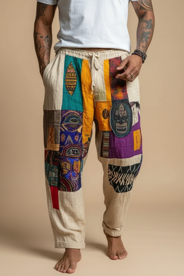 Pantalon Fluide Patchwork Ethnique Coloré Ample Coton Homme - Multicolore