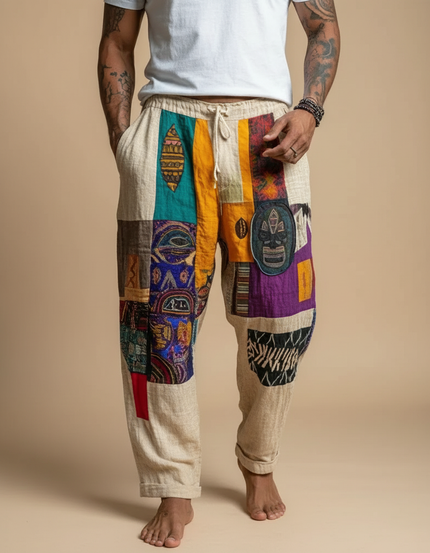 Pantalon Fluide Patchwork Ethnique Coloré Ample Coton Homme - Multicolore