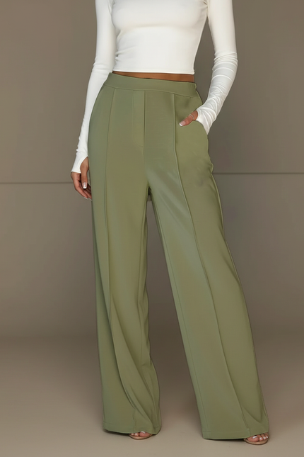 Pantalon Fluide Vert Kaki Taille Haute Large Élégant - Viscose