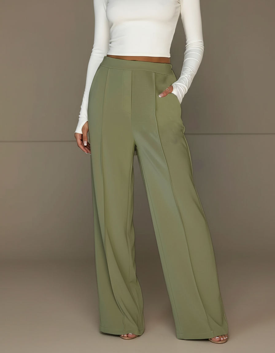 Pantalon Fluide Vert Kaki Taille Haute Large Élégant - Viscose
