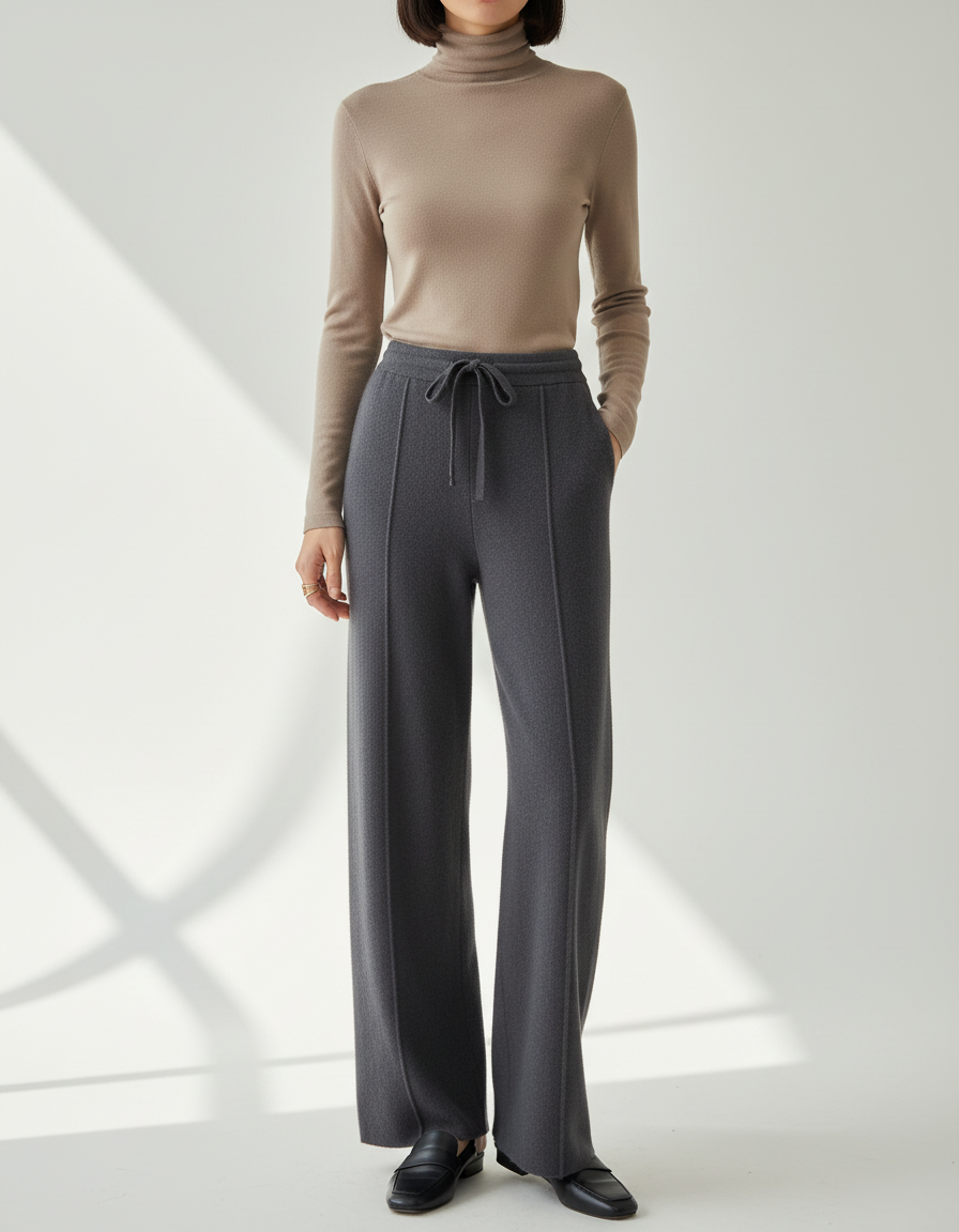 Pantalon Fluide Gris Ample Cordon Laine Décontracté