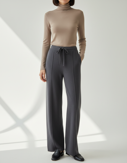 Pantalon Fluide Gris Ample Cordon Laine Décontracté