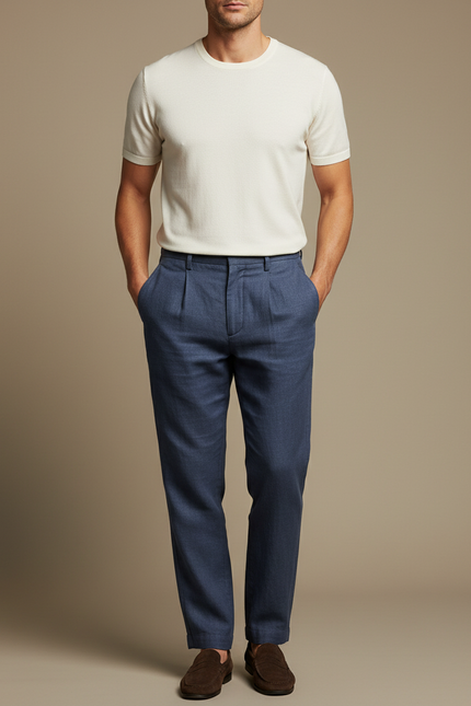 Pantalon Fluide Bleu Marine Lin Plissé Homme Décontracté