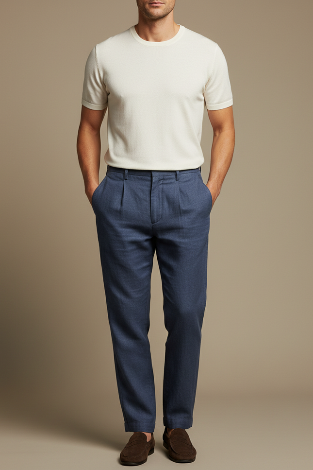 Pantalon Fluide Bleu Marine Lin Plissé Homme Décontracté