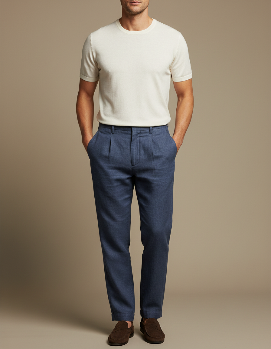 Pantalon Fluide Bleu Marine Lin Plissé Homme Décontracté