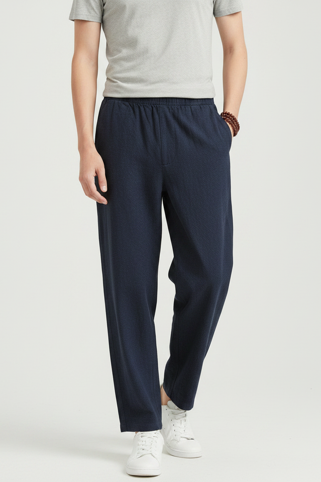 Pantalon Fluide Bleu Marine Coton Lin Ample Décontracté Homme