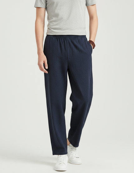 Pantalon Fluide Bleu Marine Coton Lin Ample Décontracté Homme