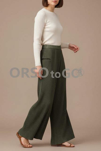 Pantalon Fluide Plissé Vert Ample Décontracté Femme - Kaki Polyester