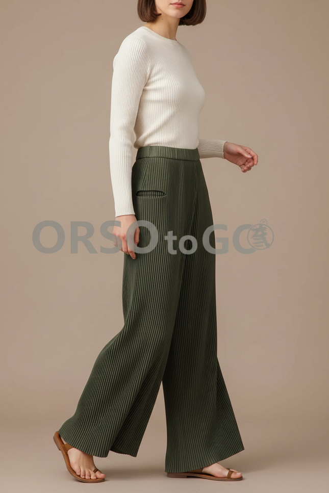 Pantalon Fluide Plissé Vert Ample Décontracté Femme - Kaki Polyester