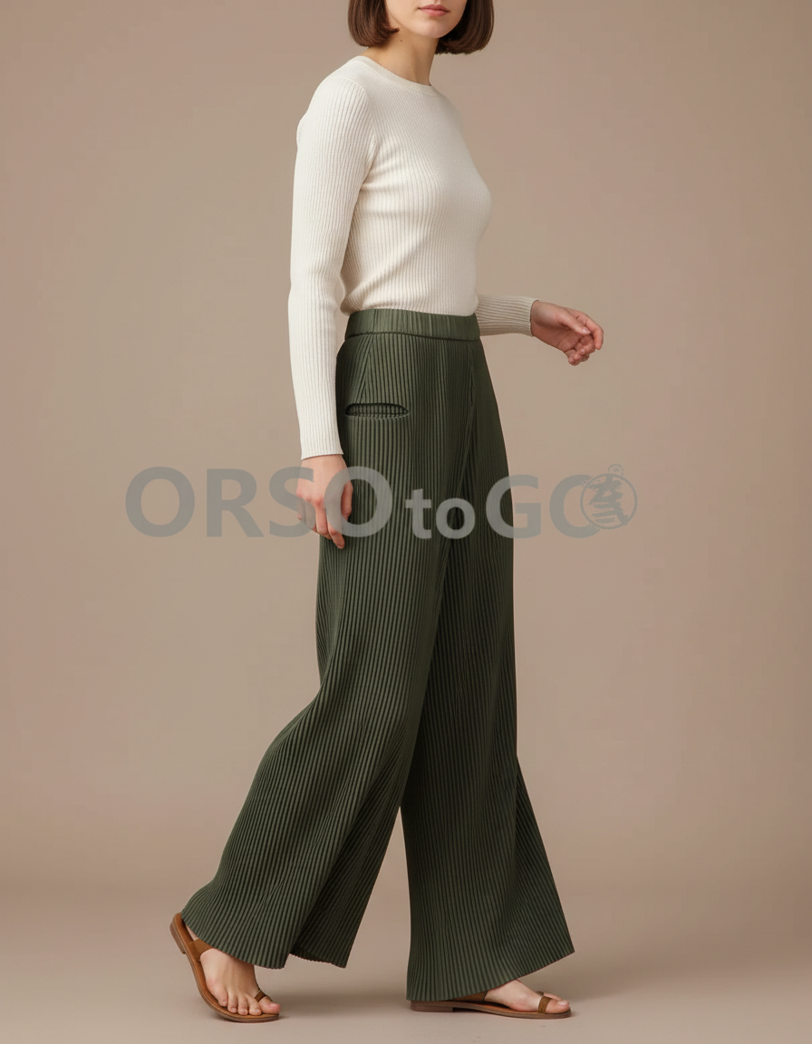 Pantalon Fluide Plissé Vert Ample Décontracté Femme - Kaki Polyester
