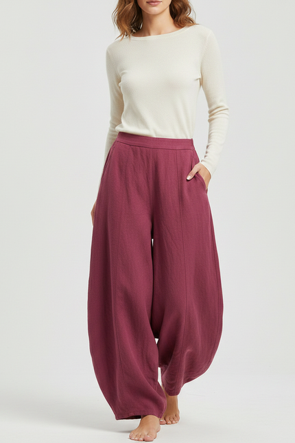 Pantalon Fluide Grenat Ample Coton Lin Élégant - Bordeaux