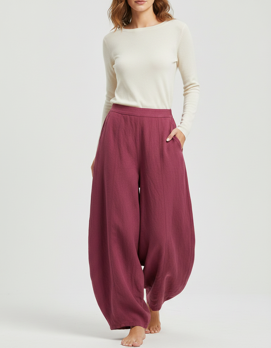 Pantalon Fluide Grenat Ample Coton Lin Élégant - Bordeaux