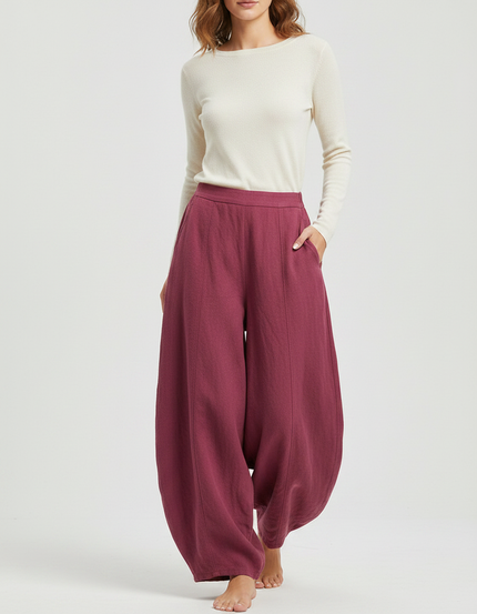 Pantalon Fluide Grenat Ample Coton Lin Élégant - Bordeaux