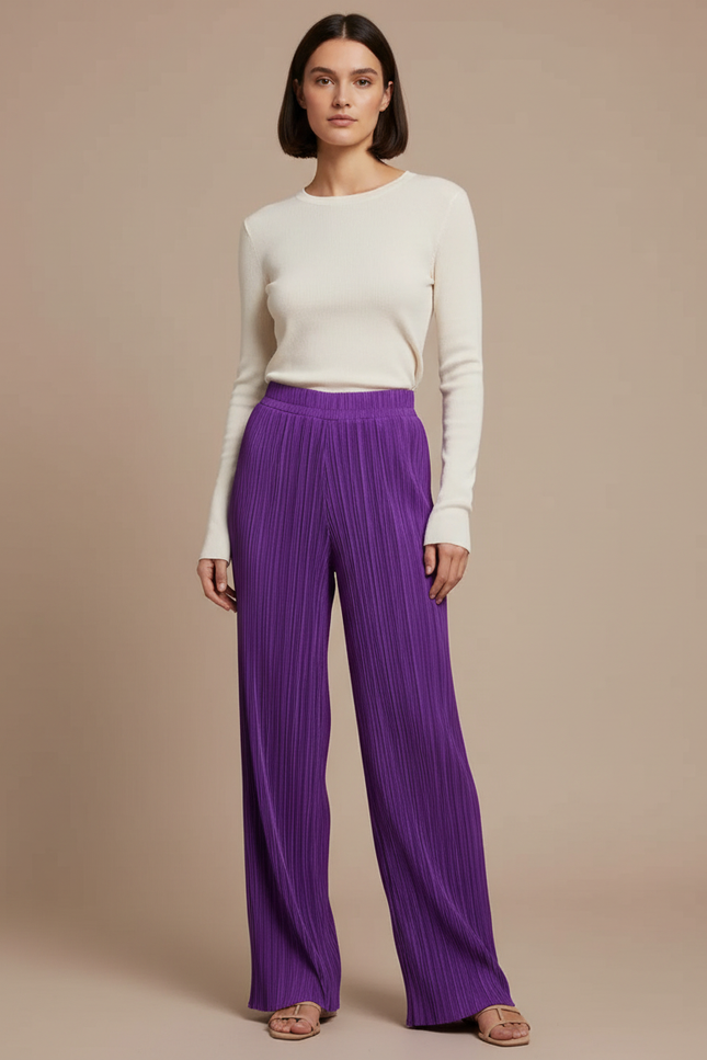 Pantalon Fluide Plissé Violet Ample Élégant Femme - Polyester