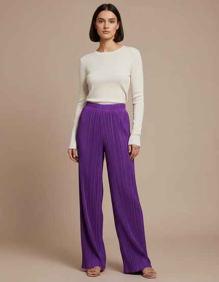 Pantalon Fluide Plissé Violet Ample Élégant Femme - Polyester