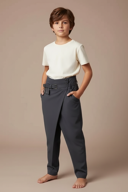 Pantalon Fluide Asymétrique Ceinturé Taille Haute Élégant Garçon - Gris Polyester