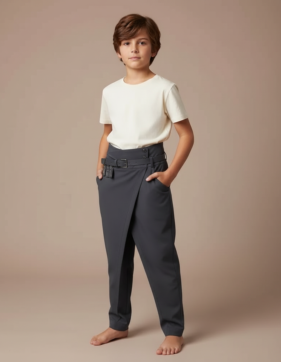 Pantalon Fluide Asymétrique Ceinturé Taille Haute Élégant Garçon - Gris Polyester