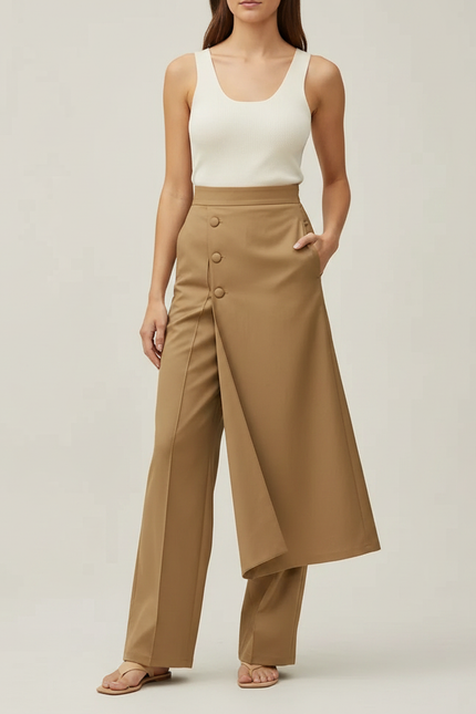 Pantalon Fluide Kaki Élégant Droit Asymétrique Femme - Polyester