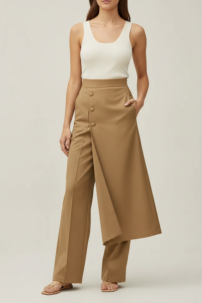Pantalon Fluide Kaki Élégant Droit Asymétrique Femme - Polyester