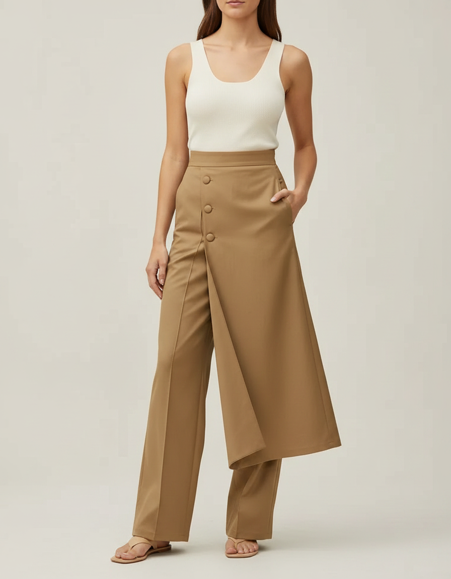 Pantalon Fluide Kaki Élégant Droit Asymétrique Femme - Polyester