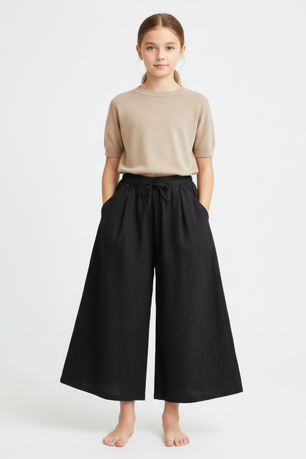 Pantalon Fluide Noir Ample Lin Fille Décontracté