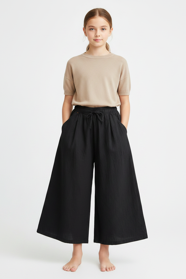 Pantalon Fluide Noir Ample Lin Fille Décontracté