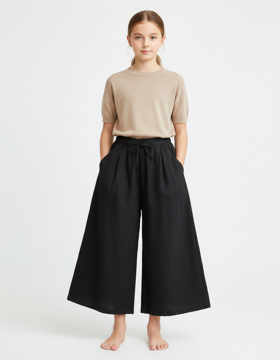 Pantalon Fluide Noir Ample Lin Fille Décontracté