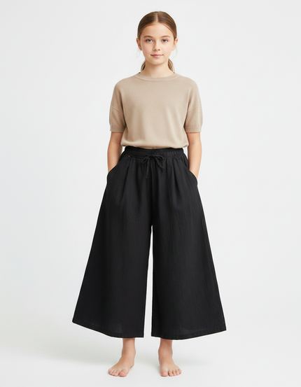 Pantalon Fluide Noir Ample Lin Fille Décontracté