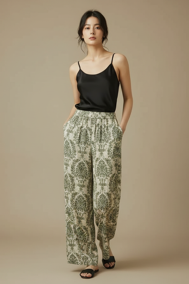 Pantalon Fluide Vert Imprimé Ample Confortable Léger - Viscose