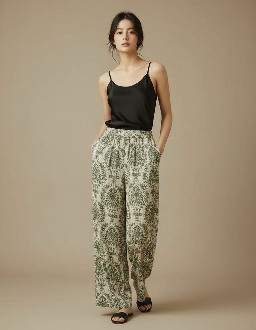 Pantalon Fluide Vert Imprimé Ample Confortable Léger - Viscose