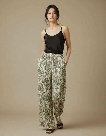 Pantalon Fluide Vert Imprimé Ample Confortable Léger - Viscose