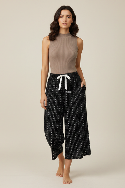 Pantalon Fluide Noir Imprimé Ethnique Ample Cordon - Viscose
