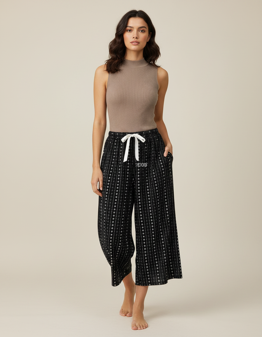 Pantalon Fluide Noir Imprimé Ethnique Ample Cordon - Viscose