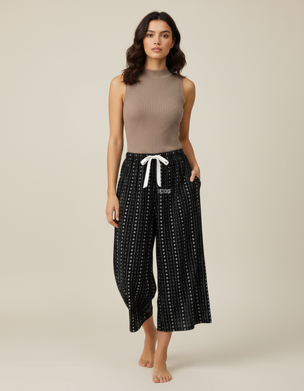 Pantalon Fluide Noir Imprimé Ethnique Ample Cordon - Viscose