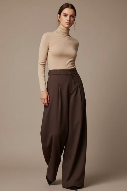 Pantalon Fluide Marron Ample Taille Haute Plissé - Gabardine