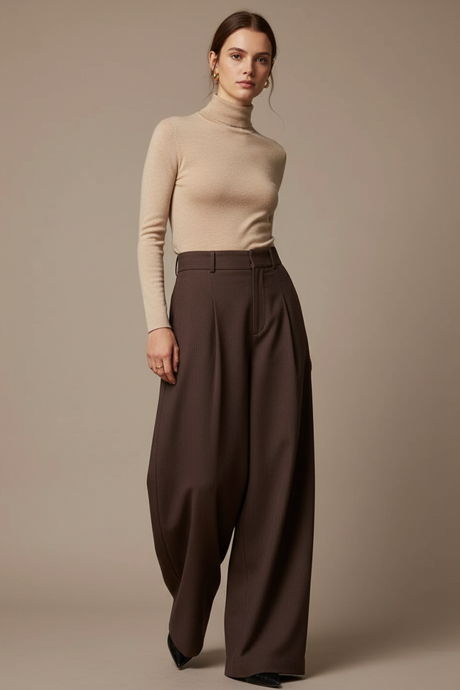 Pantalon Fluide Marron Ample Taille Haute Plissé - Gabardine