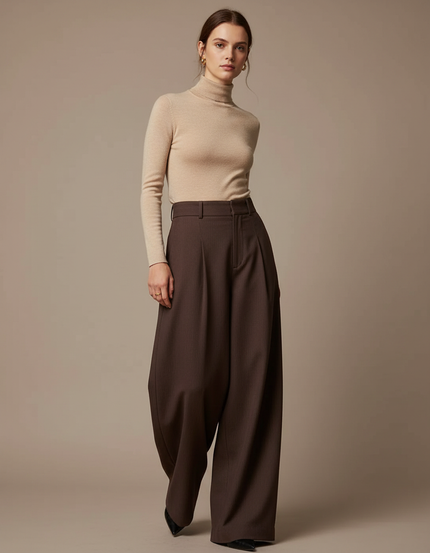 Pantalon Fluide Marron Ample Taille Haute Plissé - Gabardine