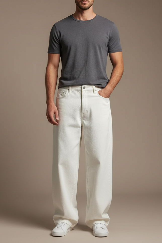 Pantalon Fluide Blanc Ample Coton Droit Homme - Jean