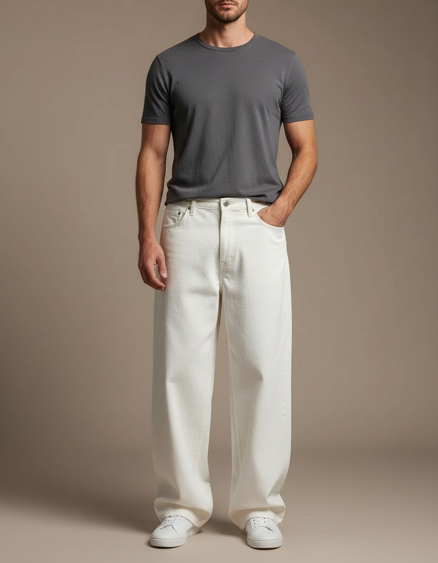 Pantalon Fluide Blanc Ample Coton Droit Homme - Jean